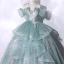 Elegant Sage Green Beading Lace Flower Cascading Ruffles Prom Dresses 2023 Ball Gown Spaghetti Straps Short Sleeve Backless Floor-Length / Long Prom Formal Dresses