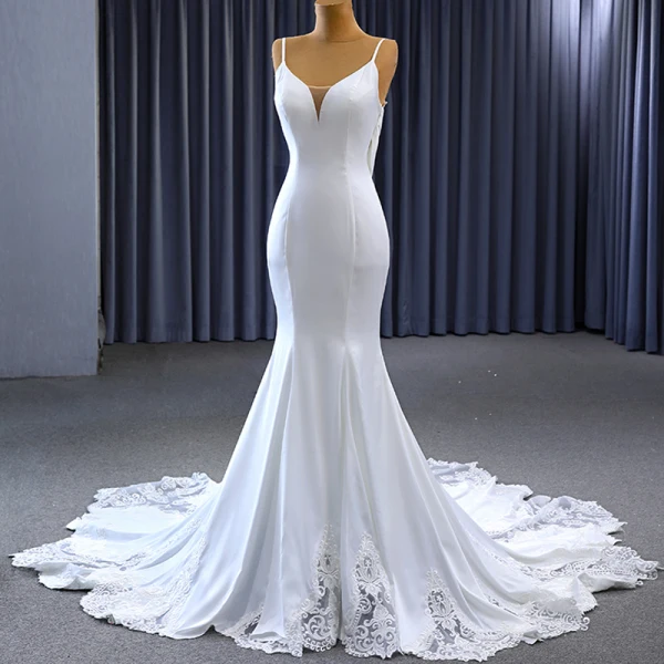 High End Weiß Satin Spitze Blumen Brautkleider / Hochzeitskleider 2023 Meerjungfrau Spaghettiträger Ärmellos Rückenfreies Kapelle-Schleppe Hochzeit