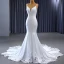 High End Weiß Satin Spitze Blumen Brautkleider / Hochzeitskleider 2023 Meerjungfrau Spaghettiträger Ärmellos Rückenfreies Kapelle-Schleppe Hochzeit