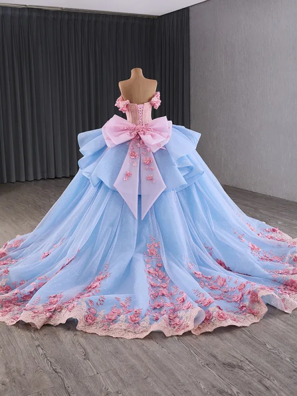 Luxury / Gorgeous Blushing Pink Appliques Pearl Lace Flower Prom Dresses 2024 Ball Gown Off-The-Shoulder Short Sleeve Backless Bow Court Train Prom Formal Dresses