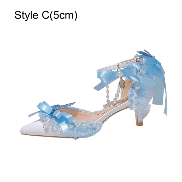 Charmant Himmelblau Perle Schleife Ball Sandalen Damen 2024 9 cm Stilettos Hochhackige Spitzschuh Sandaletten