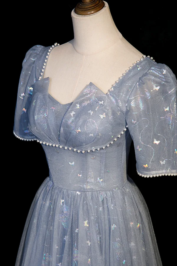 Chic / Beautiful Sky Blue Butterfly Sequins Prom Dresses 2023 A-Line / Princess Square Neckline Pearl Short Sleeve Backless Floor-Length / Long Prom Formal Dresses