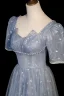 Chic / Beautiful Sky Blue Butterfly Sequins Prom Dresses 2023 A-Line / Princess Square Neckline Pearl Short Sleeve Backless Floor-Length / Long Prom Formal Dresses