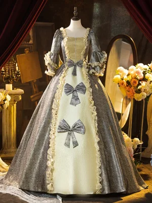 Middelalder Grå Glitter Printing Sløyfe Cosplay Lolita Ballkjoler 2024 Ballkjole Firkantet Hals Korte Ermer Ryggløse Lange Formelle Kjoler