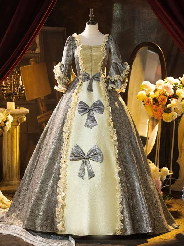 Medieval Grey Glitter Printing Bow Cosplay Lolita Prom Dresses 2024 Ball Gown Square Neckline Short Sleeve Backless Floor-Length / Long Formal Dresses