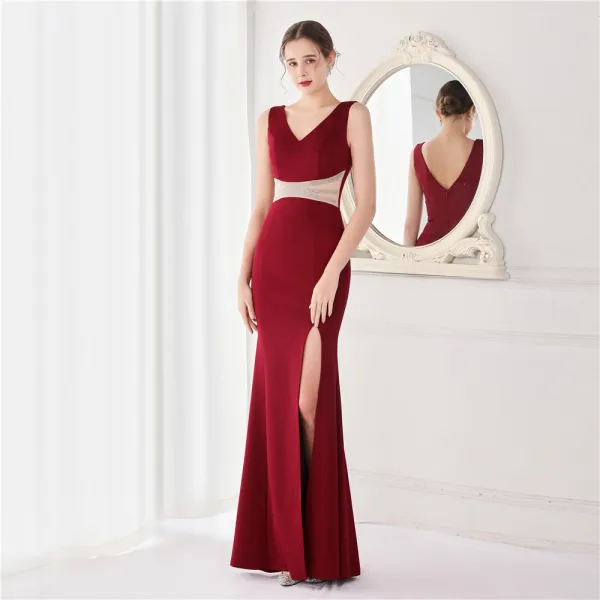 Chic / Beautiful White Satin Evening Dresses 2022 Trumpet / Mermaid V-Neck Sleeveless Backless Rhinestone Split Front Floor-Length / Long Evening Party Formal Dresses