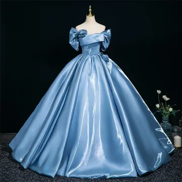 Eleganckie Niebieskie Aplikacje Sukienki Na Bal 2025 Suknia Balowa Przy Ramieniu Kótkie Rękawy Bez Pleców Długie Sukienki Wizytowe