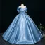 Elegant Pool Blue Appliques Prom Dresses 2025 Ball Gown Off-The-Shoulder Short Sleeve Backless Floor-Length / Long Formal Dresses