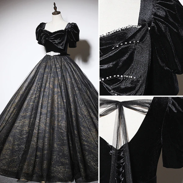 Élégant Noire Glitter Robe De Bal 2023 Robe Boule Encolure Carrée Faux Diamant Manches Courtes Dos Nu Noeud Longue Promo Robe De Ceremonie