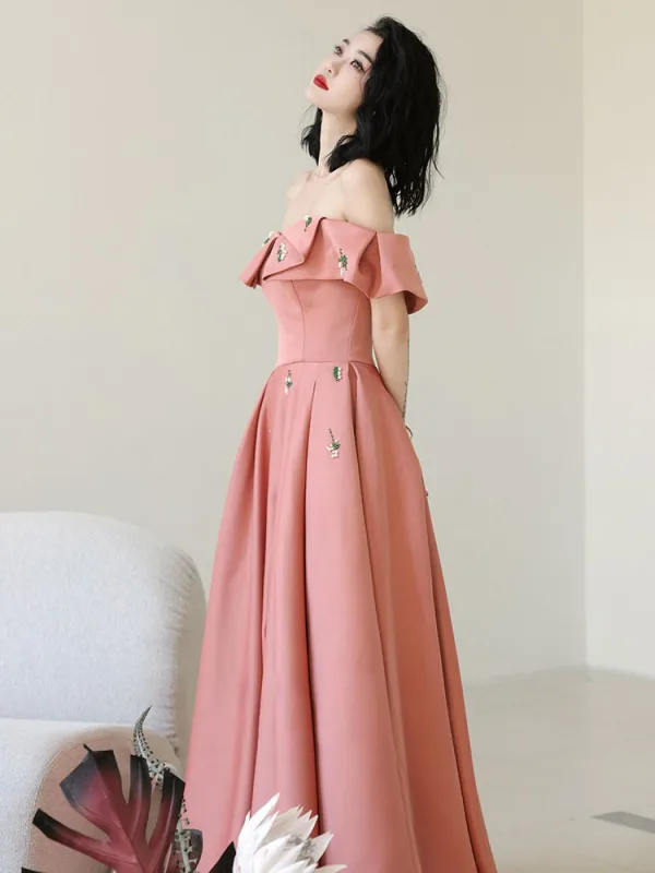 Classy Watermelon Satin Prom Dresses 2024 A-Line / Princess Off-The-Shoulder Short Sleeve Backless Floor-Length / Long Prom Formal Dresses