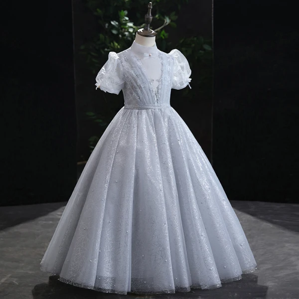 Chic / Beautiful Grey Glitter Pearl Sequins Flower Girl Dresses 2022 Ball Gown High Neck Puffy Short Sleeve Floor-Length / Long Prom Flower Girl Dresses