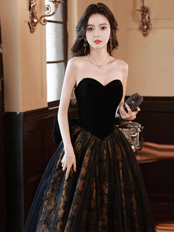 Sexy Black Evening Dresses 2023 A-Line / Princess Strapless Sleeveless Backless Bow Floor-Length / Long Evening Party Formal Dresses