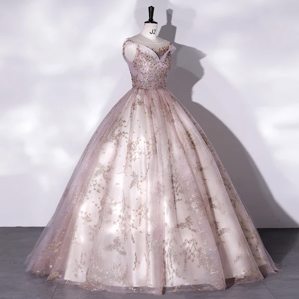 Elegant Blushing Pink Beading Sequins Prom Dresses 2022 Ball Gown Scoop Neck Sleeveless Backless Floor-Length / Long Formal Dresses