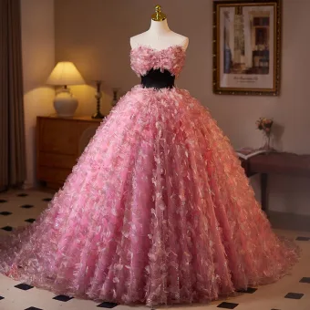 Fée Des Fleurs Rose Bonbon Appliques Robe De Bal 2025 Robe Boule Bustier Sans Manches Dos Nu Thé Longueur Tulle Promo Robe De Ceremonie