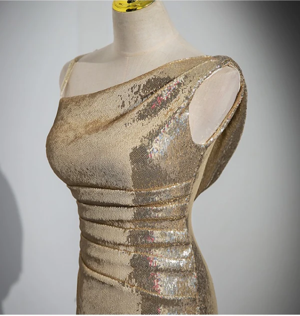 Scintillantes Doré Paillettes Robe De Soirée 2023 Trompette / Sirène Une épaule Sans Manches Dos Nu Longue Soirée Robe De Ceremonie