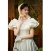Vintage / Retro White Satin Wedding Dresses 2023 A-Line / Princess V-Neck Puffy Short Sleeve Backless Sweep Train Wedding
