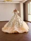 Luxury / Gorgeous Champagne Beading Lace Flower Sequins Ruffle Prom Dresses 2026 Ball Gown V-Neck Short Sleeve Backless Sweep Train Formal Dresses