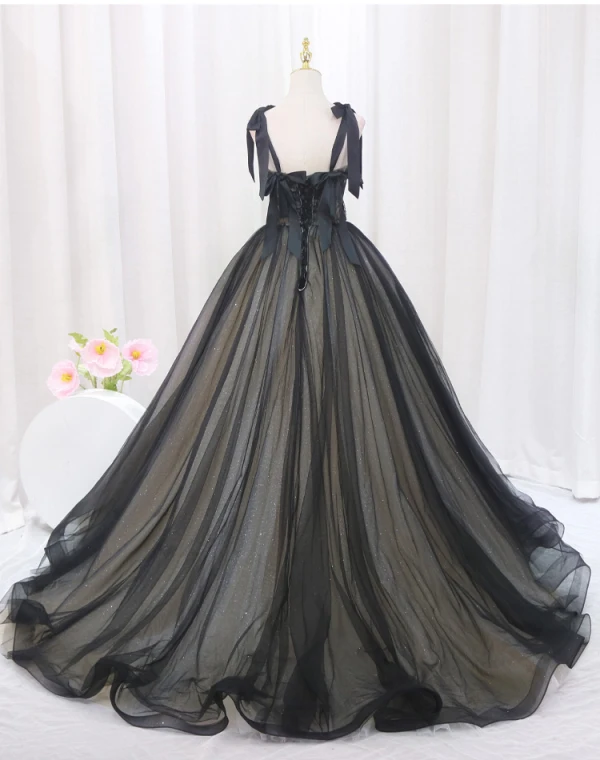 Audrey Hepburn Style Black Lace Prom Dresses 2024 Ball Gown Spaghetti Straps Sleeveless Backless Bow Floor-Length / Long Prom Formal Dresses