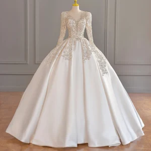 Vintage Retro Ivory Beading Sequins Wedding Dresses 2023 Ball Gown Satin V Neck Long Sleeve Court Train Wedding
