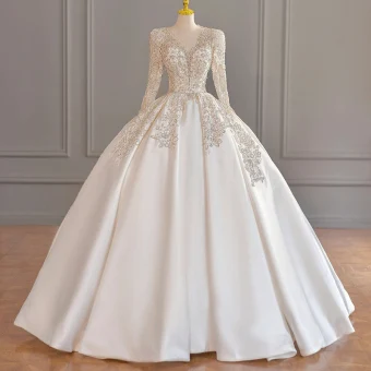 Vintage Originale Ivoire Perlage Paillettes Robe De Mariée 2023 Robe Boule Satin V Cou Manches Longues Tribunal Train Mariage