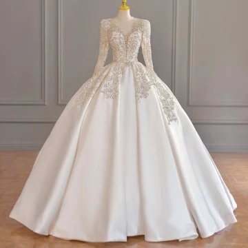 Vintage Retro Ivory Beading Sequins Wedding Dresses 2023 Ball Gown Satin V Neck Long Sleeve Court Train Wedding