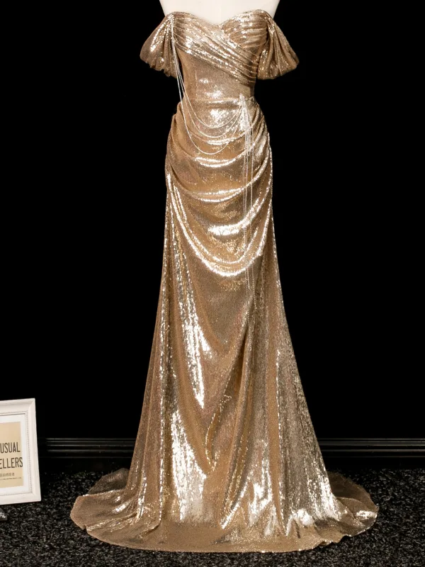 Glitzernden Gold Pailletten Abendkleider 2025 Meerjungfrau Off Shoulder Ärmellos Rückenfreies Sweep / Pinsel Zug Abend Festliche Kleider