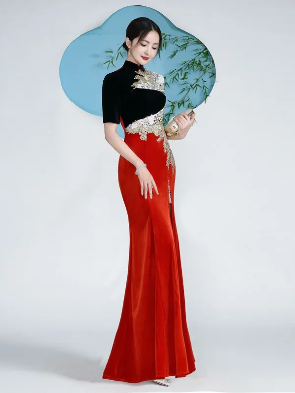 Amazing / Unique Chinese style Burgundy Beading Sequins Lace Flower Velvet Split Front Cheongsam 2025 Trumpet / Mermaid High Neck Short Sleeve Floor-Length / Long Evening Party