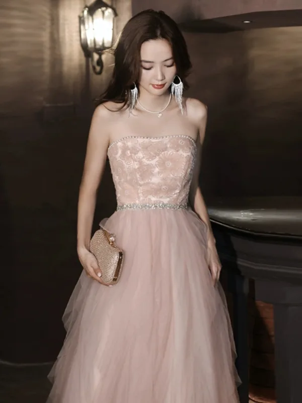 Charming Blushing Pink Beading Pearl Ruffle Prom Dresses 2023 A-Line / Princess Strapless Sleeveless Backless Floor-Length / Long Prom Formal Dresses