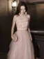 Charming Blushing Pink Beading Pearl Ruffle Prom Dresses 2023 A-Line / Princess Strapless Sleeveless Backless Floor-Length / Long Prom Formal Dresses