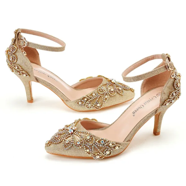 Scintillantes Doré Faux Diamant Paillettes Chaussure De Mariée 2023 Bride Cheville 7 cm Talons Aiguilles À Bout Pointu Mariage Talons Hauts