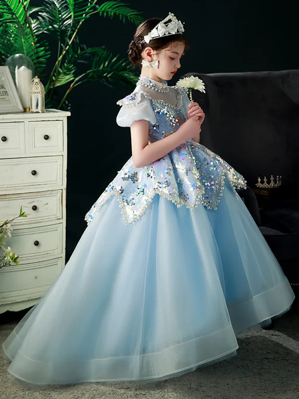 Glitzernden Himmelblau Pailletten Perle Strass Geburtstag Blumenmädchenkleider 2022 Ballkleid Stehkragen Kurze Ärmel Rückenfreies Lange Blumenmädchenkleider