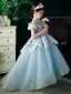 Glitzernden Himmelblau Pailletten Perle Strass Geburtstag Blumenmädchenkleider 2022 Ballkleid Stehkragen Kurze Ärmel Rückenfreies Lange Blumenmädchenkleider