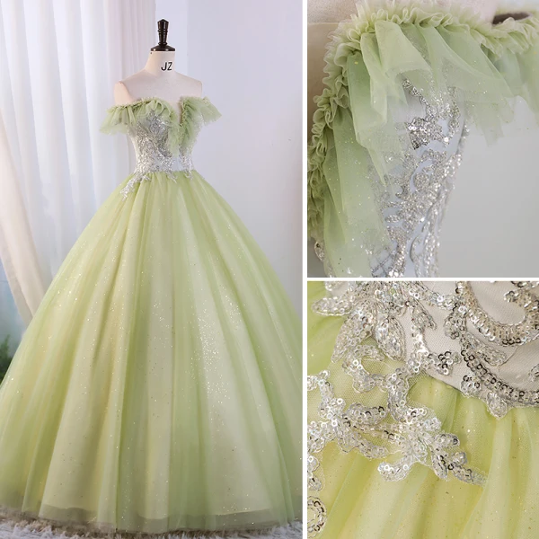 Modern / Fashion Sage Green Sequins Prom Dresses 2023 Ball Gown Off-The-Shoulder Sleeveless Backless Floor-Length / Long Prom Formal Dresses