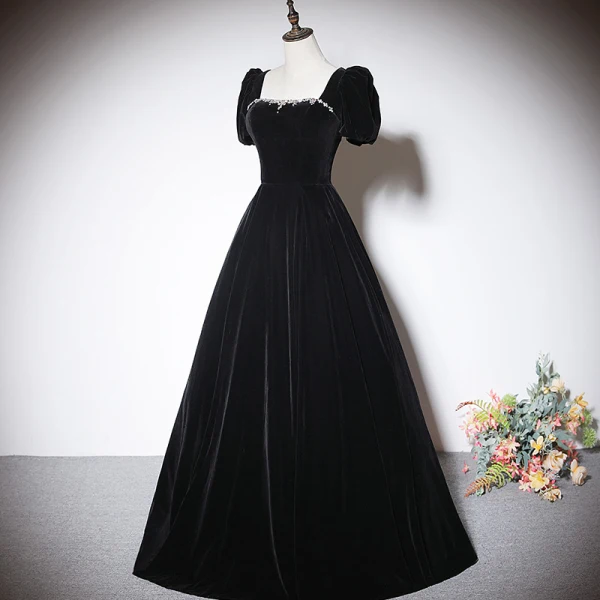 Elegant Black Suede Evening Dresses 2023 A-Line / Princess Square Neckline Short Sleeve Backless Bow Floor-Length / Long Evening Party Formal Dresses
