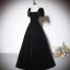 Elegant Black Suede Evening Dresses 2023 A-Line / Princess Square Neckline Short Sleeve Backless Bow Floor-Length / Long Evening Party Formal Dresses