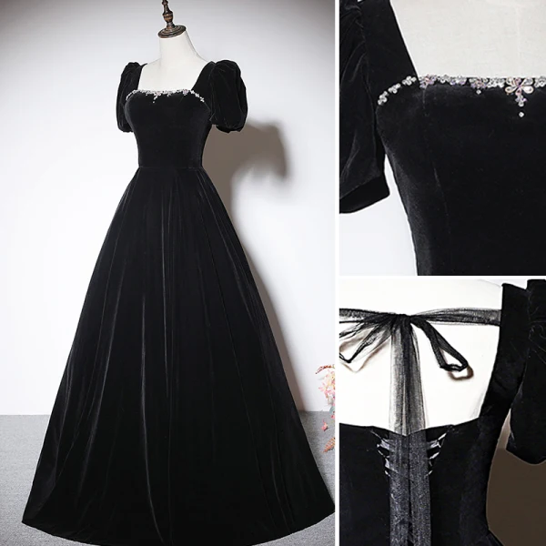 Elegant Black Suede Evening Dresses 2023 A-Line / Princess Square Neckline Short Sleeve Backless Bow Floor-Length / Long Evening Party Formal Dresses