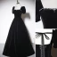 Elegant Black Suede Evening Dresses 2023 A-Line / Princess Square Neckline Short Sleeve Backless Bow Floor-Length / Long Evening Party Formal Dresses