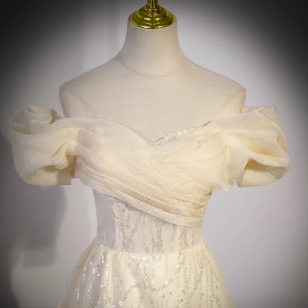 Charmant Bling Bling Champagne Paillettes Robe De Bal 2023 Princesse De l'épaule Manches Courtes Dos Nu Longue Promo Robe De Ceremonie