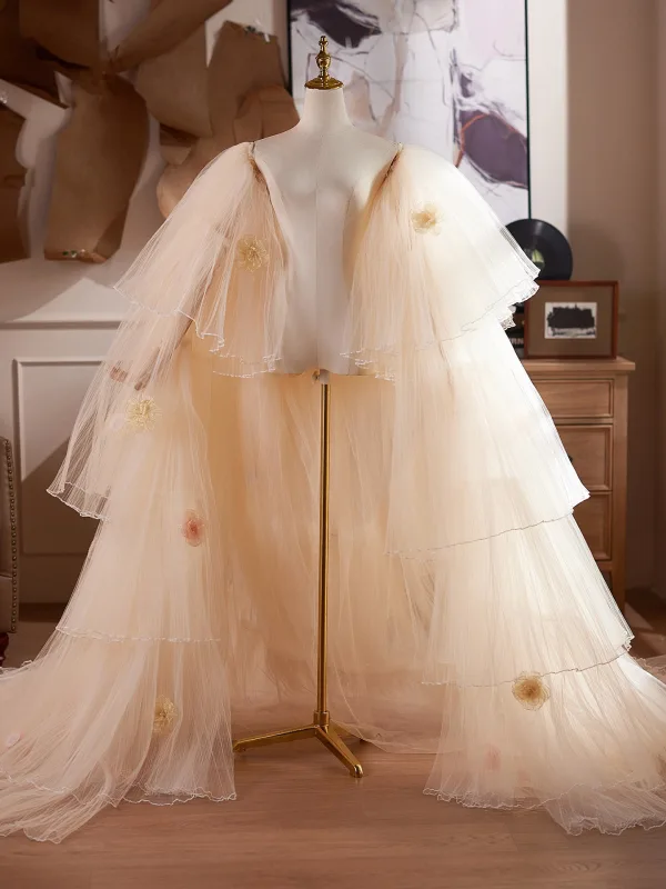 Mote Champagne Håndlaget Blomst Gripende Ruffles Tyll Ball sjal 2026