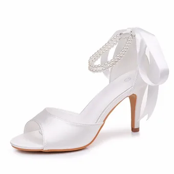 Elegante Weiß Satin Perle Knöchelriemen Schleife Ball Sandalen Damen 2026 Peeptoes 8 Cm Stilettos Sandaletten Hochhackige
