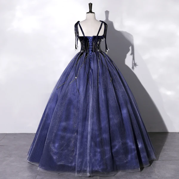 Elegante Marineblau Perlenstickerei Pailletten Star Ballkleider 2022 Ballkleid Spaghettiträger Ärmellos Rückenfreies Lange Festliche Kleider