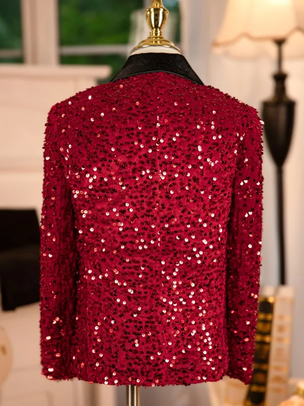Bling Bling Rouge Paillettes 6 pièces Manches Longues Costume Garçon Mariage 2024 Bijoux De Corps Manteau Pantalon Chemise Cravate Gilet