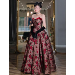 Vintage Retro Burgundy Satin Printing Prom Dresses 2022 A Line Princess Bow Strapless Sleeveless Backless Floor Length Long Prom Formal Dresses