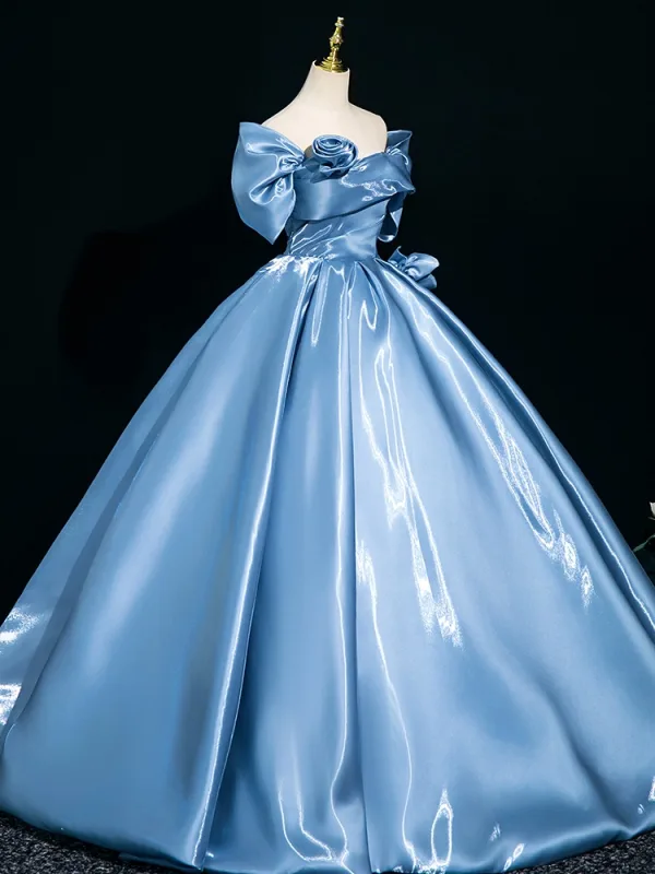 Elegant Pool Blue Appliques Prom Dresses 2025 Ball Gown Off-The-Shoulder Short Sleeve Backless Floor-Length / Long Formal Dresses
