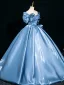 Elegant Pool Blue Appliques Prom Dresses 2025 Ball Gown Off-The-Shoulder Short Sleeve Backless Floor-Length / Long Formal Dresses