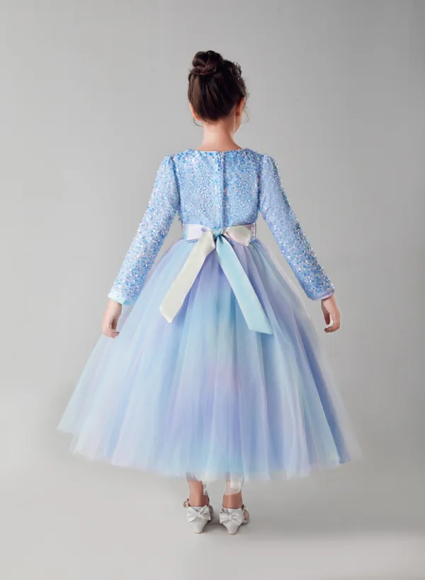 Chic / Beautiful Sky Blue Birthday Sequins Flower Girl Dresses 2023 A-Line / Princess Scoop Neck Bow Sash Long Sleeve Floor-Length / Long Flower Girl Dresses
