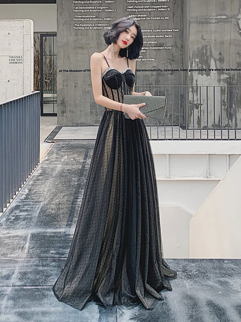 Encantador Negro Manchado Vestidos de gala 2022 A-Line / Princess Spaghetti Straps Sin Mangas Sin Espalda Largos Gala Vestidos Formales