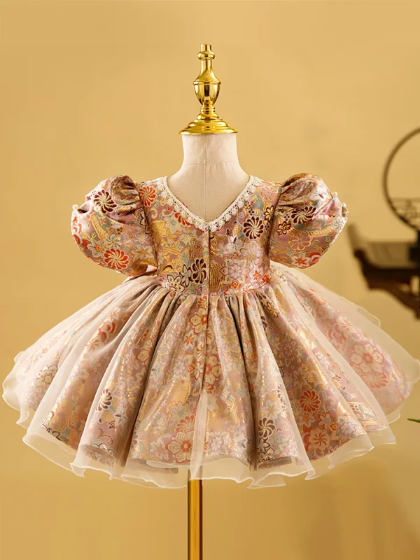 Fashion Blushing Pink Floral Pearl Short Flower Girl Dresses 2023 Ball Gown Birthday Square Neckline Short Sleeve