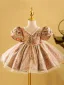 Fashion Blushing Pink Floral Pearl Short Flower Girl Dresses 2023 Ball Gown Birthday Square Neckline Short Sleeve