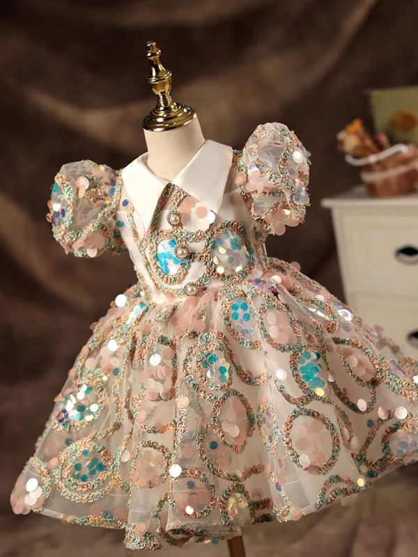 Chic / Beautiful Blushing Pink Beading Pearl Sequins Flower Girl Dresses 2022 Ball Gown V-Neck Puffy Short Sleeve Short Prom Flower Girl Dresses